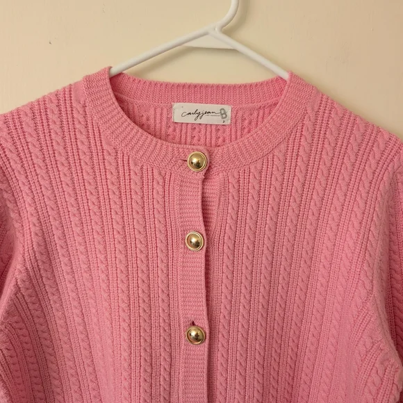 Carly Jean Womens Small Cable Knit Cardigan Sweater Pink Coquette Cottage Preppy - Picture 3 of 7